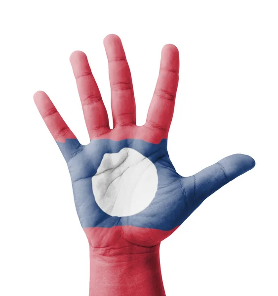 Offene Hand erhoben, Mehrzweckkonzept, laotische Flagge bemalt - iso — Stockfoto