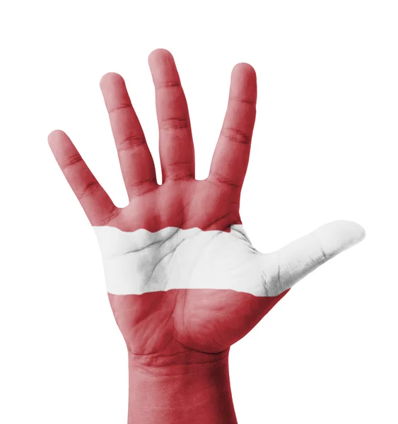 Ανοίξτε το υψωμένο το χέρι, multi σκοπό έννοια, Λετονία σημαία ζωγραφισμένα - εγώ — Φωτογραφία Αρχείου