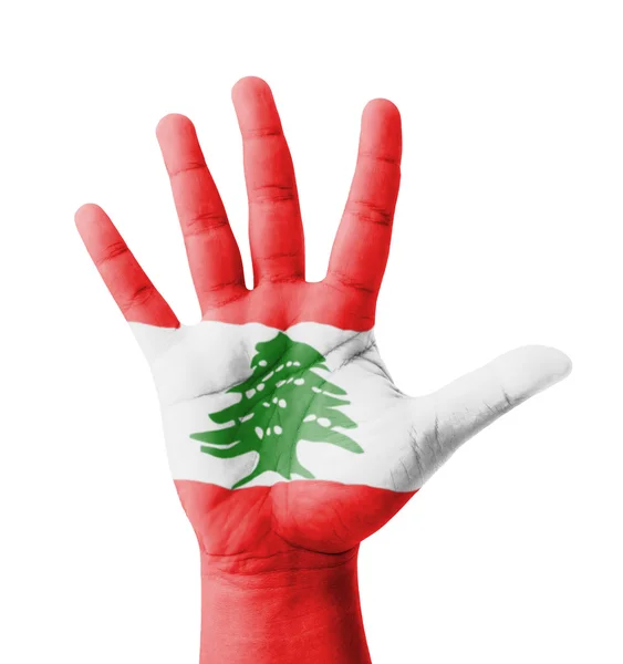 Otwarta ręka podniesiona, koncepcja wielozadaniowa, Flaga Libanu malowane - — Zdjęcie stockowe