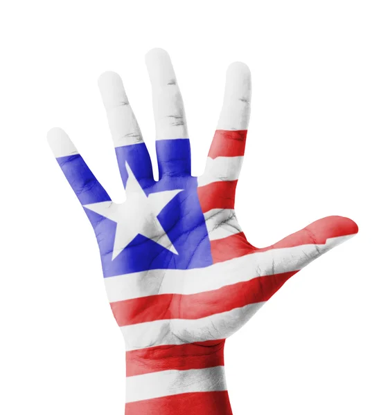 Mano abierta levantada, concepto multipropósito, bandera de Liberia pintada  - — Foto de Stock