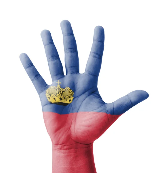 Open hand raised, multi purpose concept, Liechtenstein flag pain — Stock Photo, Image