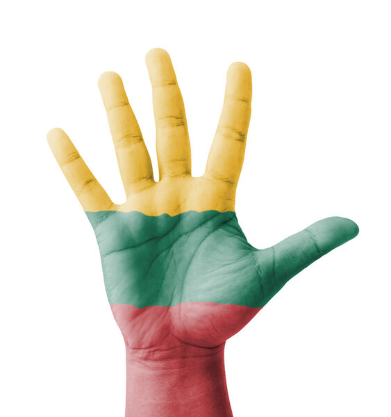 Open hand raised, multi purpose concept, Lithuania flag painted 