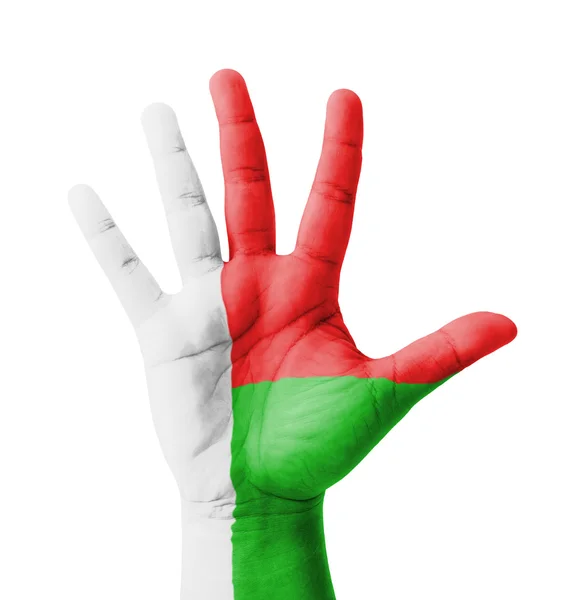 Open hand raised, multi purpose concept, Madagascar flag painted — Stock Photo, Image