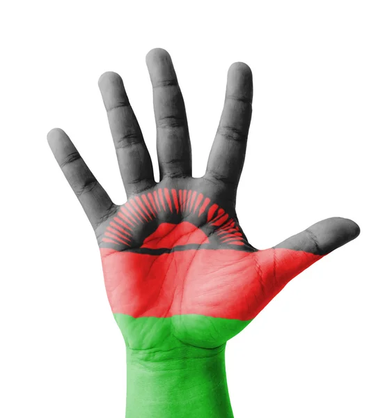 Open hand raised, multi purpose concept, Malawi flag painted - i — Stock Photo, Image