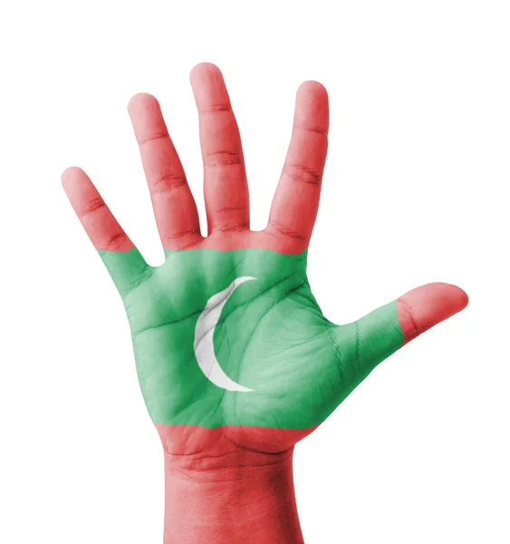 Open hand raised, multi purpose concept, Maldives flag painted - — Stock Photo, Image