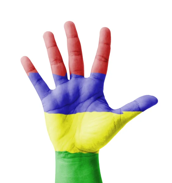 Otevřete ruku má zdviženou, multi cíl koncepce, vlajka Mauritia malované — Stock fotografie