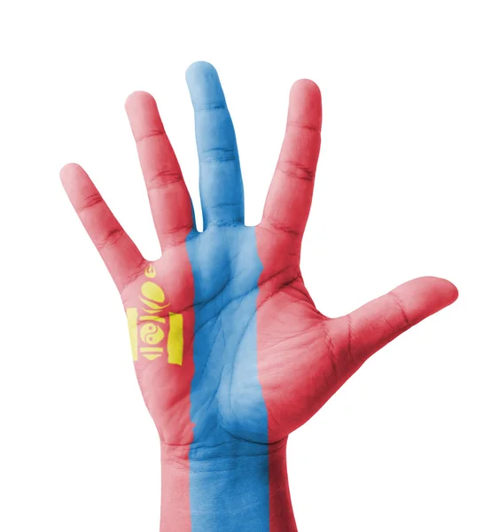 Mão aberta levantada, conceito multiúso, bandeira da Mongólia pintada  - — Fotografia de Stock