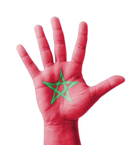 Mano aperta sollevata, concetto multiuso, bandiera del Marocco dipinta  - — Foto Stock