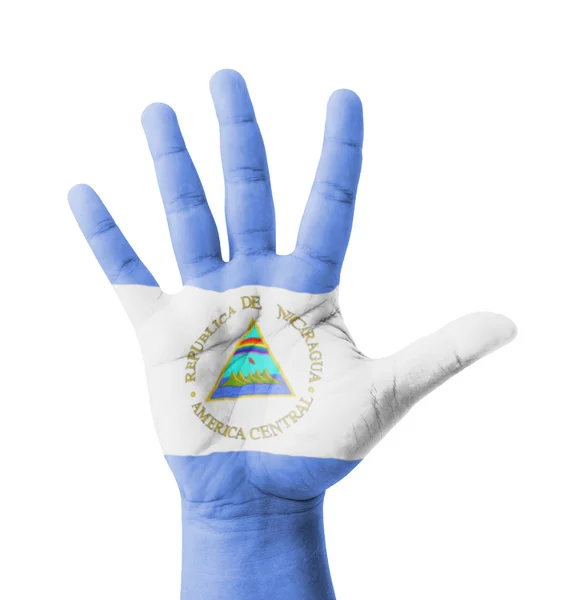 Open hand raised, multi purpose concept, Nicaragua flag painted — Stock Photo, Image