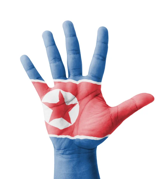 Open hand raised, multi purpose concept, North Korea flag painte — Stock Photo, Image