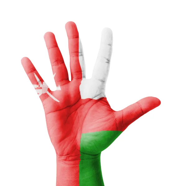 Open hand raised, multi purpose concept, Oman flag painted - iso — Stock Photo, Image