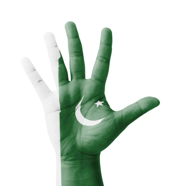 Open hand verhoogd, Multi Purpose concept, Pakistan vlag geschilderd - — Stockfoto