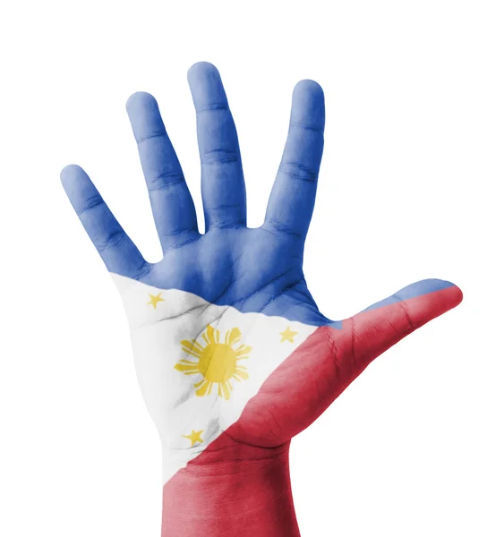 Öppen hand upp, multi syfte koncept, Filippinerna flagga inredda — Stockfoto