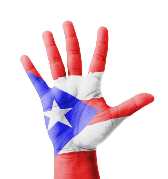 Mano aperta sollevata, concetto multiuso, bandiera Porto Rico painte — Foto Stock