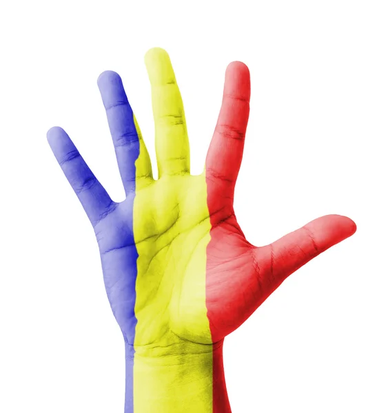 Open hand raised, multi purpose concept, Romania flag painted - — Stock Photo, Image