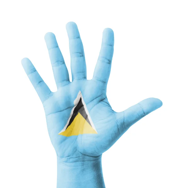 Open hand raised, multi purpose concept, Saint Lucia flag painte — Stock Photo, Image