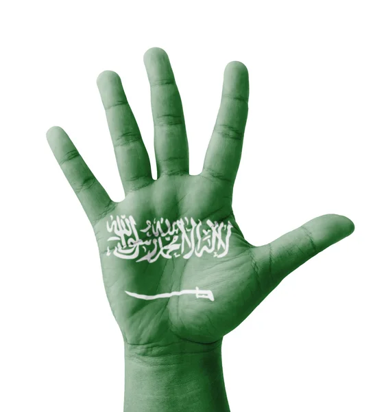 Mão aberta levantada, conceito multiúso, pintura bandeira da Arábia Saudita — Fotografia de Stock