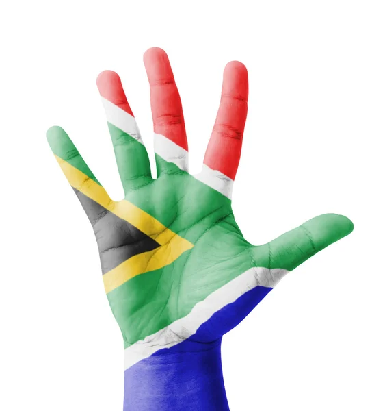 Open hand raised, multi purpose concept, South Africa flag paint — Stock Photo, Image