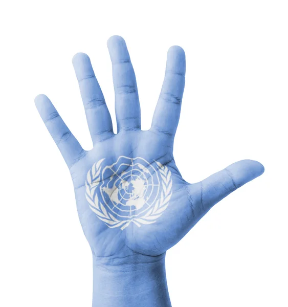 Open hand raised, multi purpose concept, UN (United Nations) fla — Stock Photo, Image