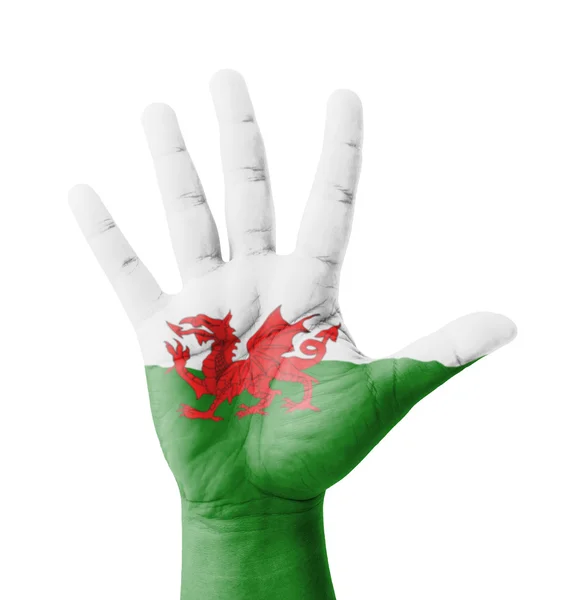 Mano abierta levantada, concepto de usos múltiples, bandera de Gales pintado es — Foto de Stock