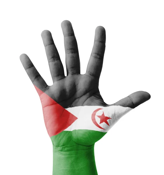 Nyitott kéz emelte, multi célja koncepció, Nyugat-Szahara zászló posta — Stock Fotó
