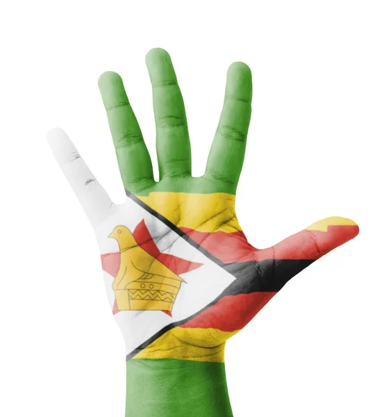 Open hand raised, multi purpose concept, Zimbabwe flag painted - — Stock Photo, Image