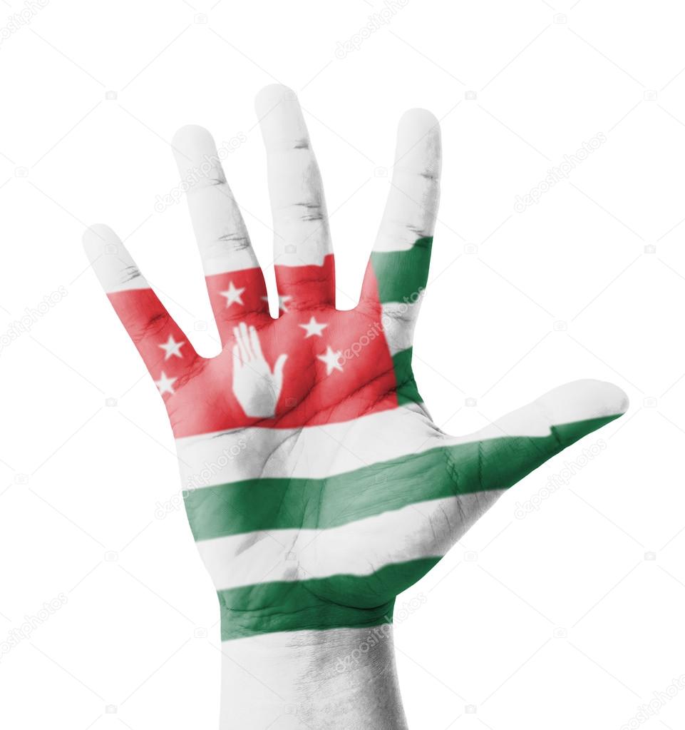 Open hand raised, multi purpose concept, Abkhazia flag painted -