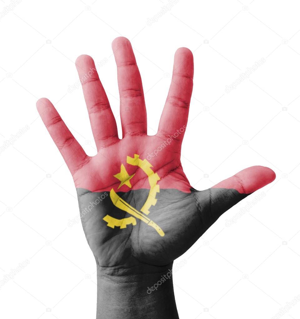 Open hand raised, multi purpose concept, Angola flag painted - i