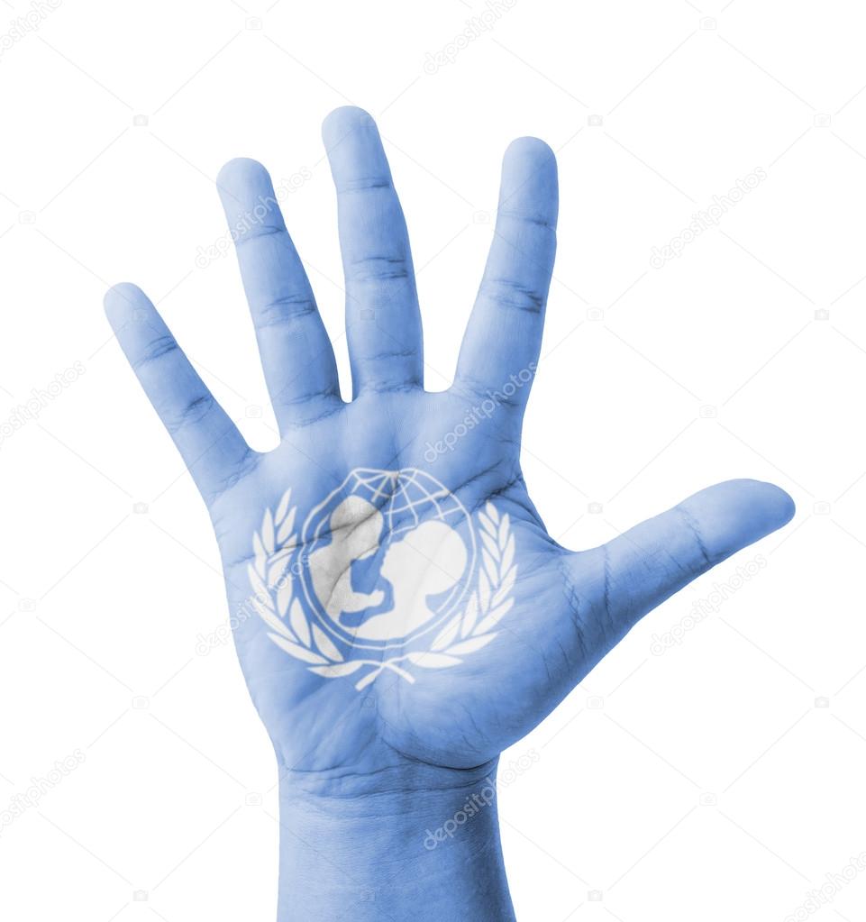 Open hand raised, UNICEF (United Nations Children's Fund) flag p