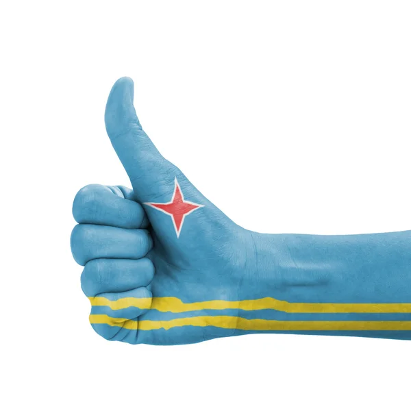 Kéz a hüvelykujjával felfelé, Aruba zászlót festette, mint szimbólum a kiválóság, — Stock Fotó