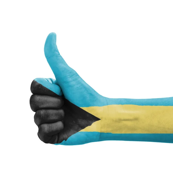 Mano con pulgar hacia arriba, bandera de Bahamas pintada como símbolo de excelencia —  Fotos de Stock