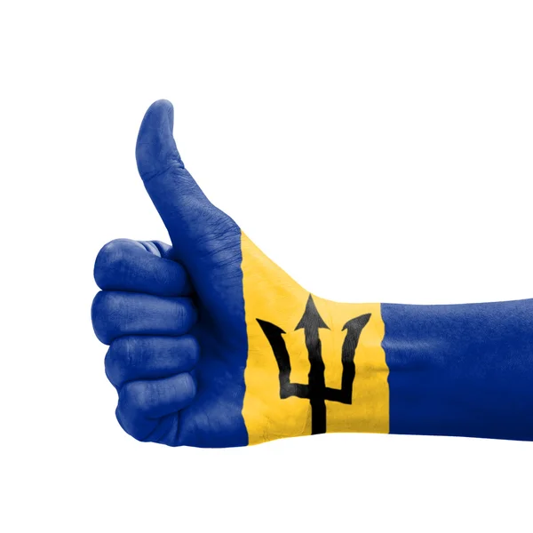 Hand with thumb up, Barbados flag painted as symbol of excellenc — Stock Photo, Image