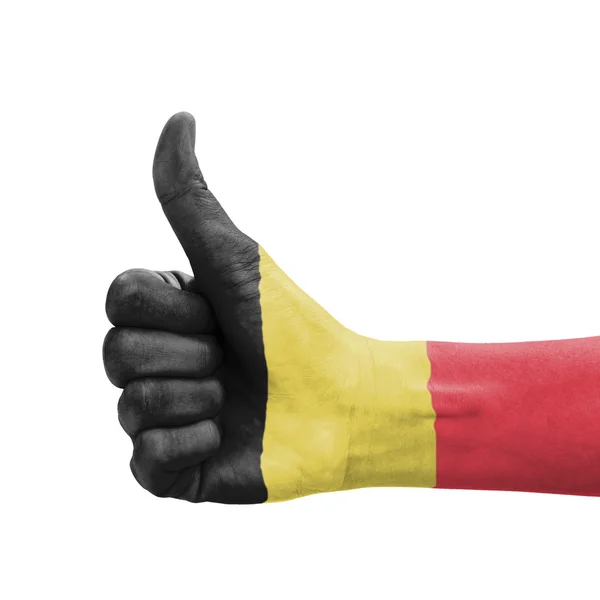 Kéz a hüvelykujjával felfelé, Belgium lobogója festett kiválóság jelképe — Stock Fotó