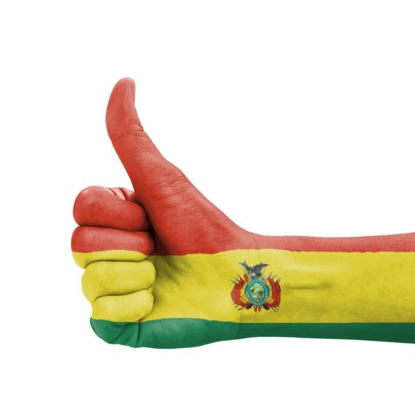 Рука с большим пальцем вверх, флаг Боливии, нарисованный как символ совершенства — стоковое фото