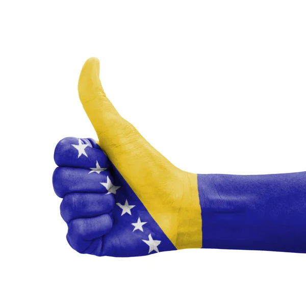 Hand with thumb up, Bosnia and Herzegovina flag painted as symbo — Stock Photo, Image