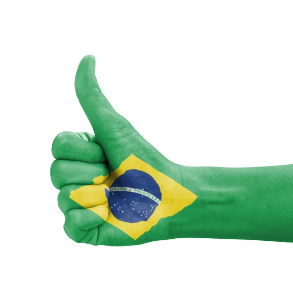 Hand mit erhobenem Daumen, brasilianische Flagge als Symbol der Exzellenz bemalt, — Stockfoto