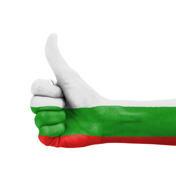 Рука с большим пальцем вверх, флаг Болгарии окрашен как символ excellenc — стоковое фото
