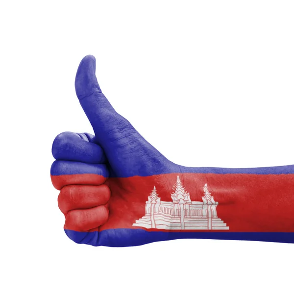 Ręka z kciuk, flaga Kambodży malowane jako symbol excellenc — Zdjęcie stockowe