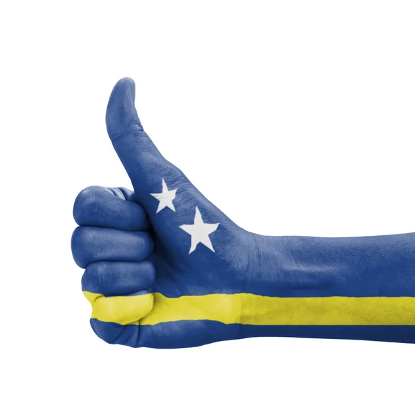 Hand met duim omhoog, Curacao vlag geschilderd als symbool van uitmuntendheid — Stockfoto