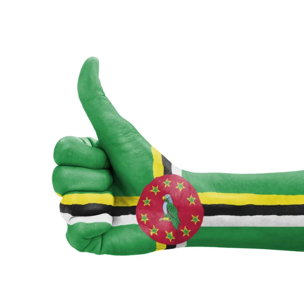 Mano con pulgar hacia arriba, bandera de Dominica pintado como símbolo de excellenc — Foto de Stock