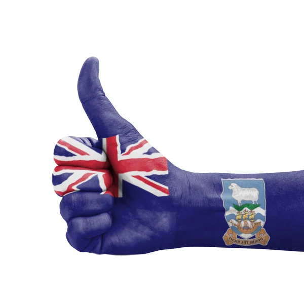 Hand med tummen upp, Falklandsöarnas flagga målade som symbol för e — Stockfoto