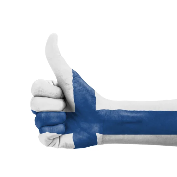 Mano con pulgar hacia arriba, bandera de Finlandia pintada como símbolo de excelencia —  Fotos de Stock