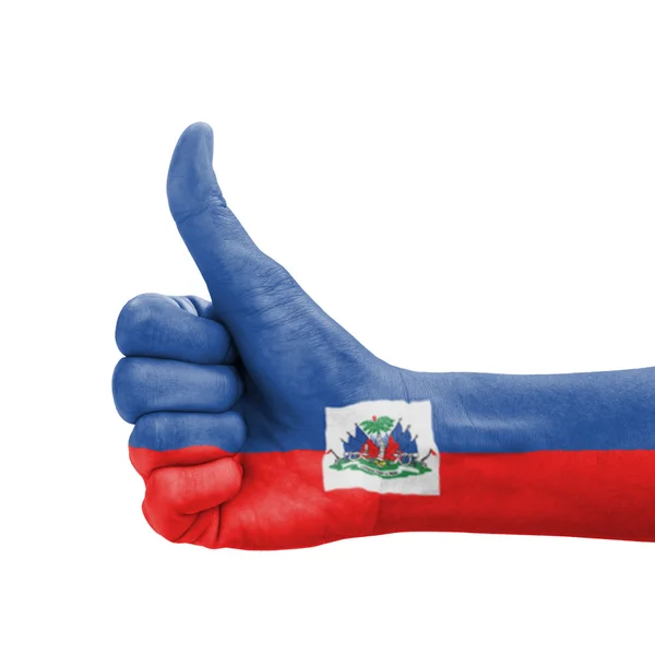 Tangan dengan ibu jari ke atas, bendera Haiti dicat sebagai simbol keunggulan , — Stok Foto