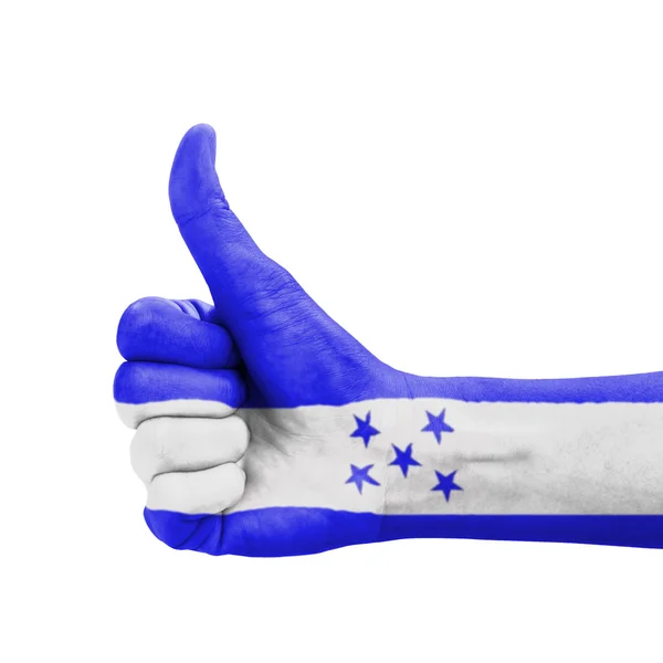 Рука с большим пальцем вверх, флаг Гондураса окрашен как символ excellenc — стоковое фото