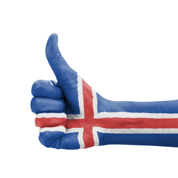 Mão com polegar para cima, bandeira da Islândia pintada como símbolo de excelência — Fotografia de Stock