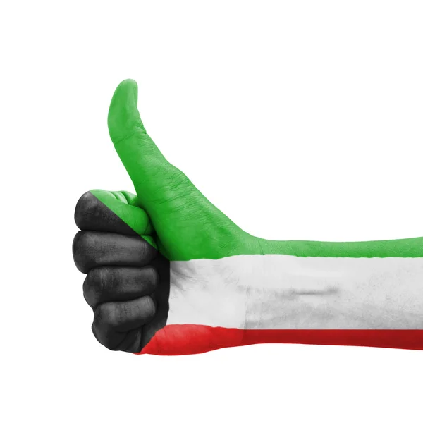 Mão com polegar para cima, bandeira do Kuwait pintada como símbolo de excelência , — Fotografia de Stock