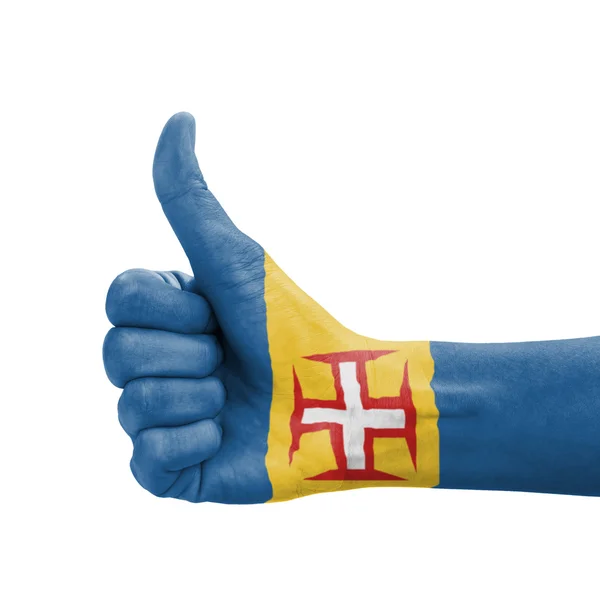 Kéz a hüvelykujjával felfelé, Madeira zászlót festette, mint szimbólum a kiválóság — Stock Fotó