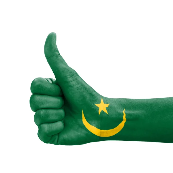 Hand met duim omhoog, Mauritanië vlag geschilderd als symbool van excelle — Stockfoto