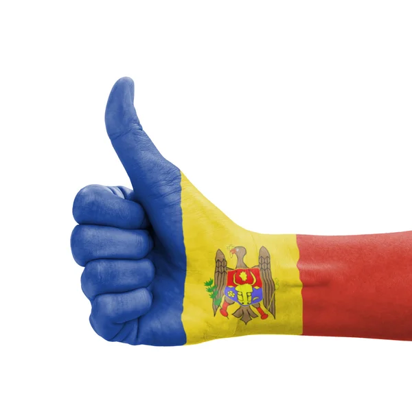 Mano con pulgar hacia arriba, bandera de Moldavia pintada como símbolo de excelencia — Foto de Stock