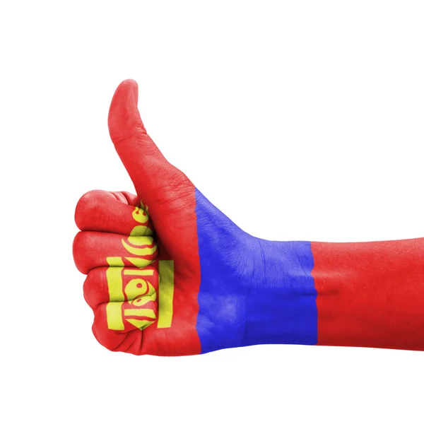 Рука с большим пальцем вверх, флаг Монголии окрашен как символ excellenc — стоковое фото